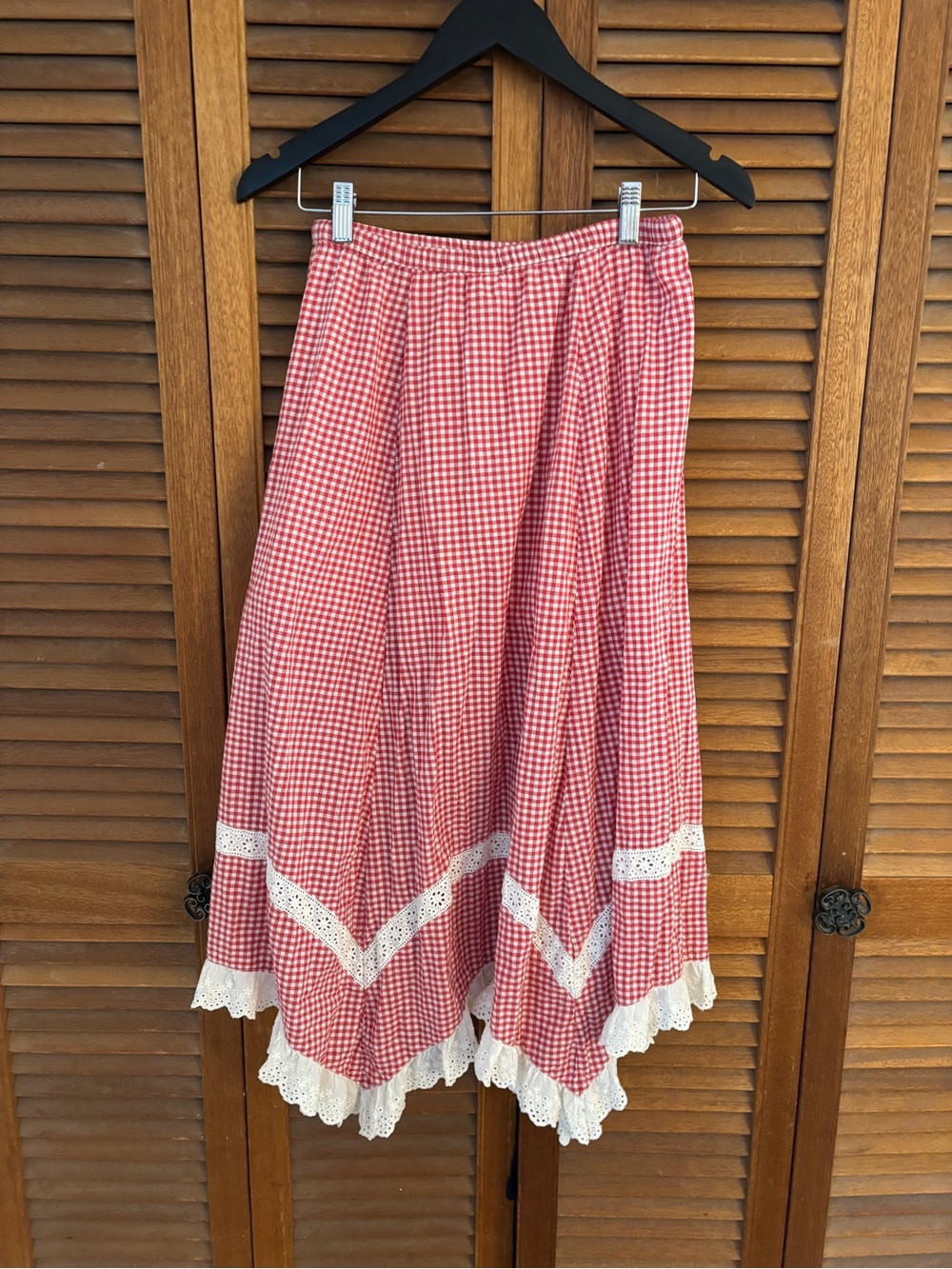 twik Red Gingham A-Line Midi Skirt with White Crochet Trim size XS feminine
